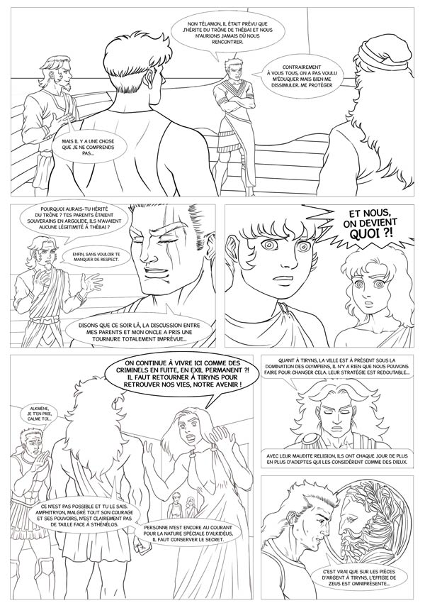 La page 12, encrée et dialoguée des Cycles d'Ouranos, avec le personnage d'Alkmène, d'Amphitryon et d'Oedipe en toile de fond.