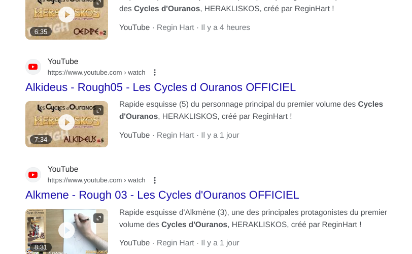 Les vidéos Youtube des esquisses réalisées par ReginHart pour le premier volume des Cycles d'Ouranos.