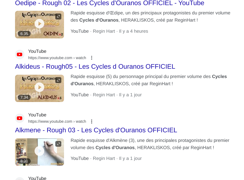 Les vidéos Youtube des esquisses réalisées par ReginHart pour le premier volume des Cycles d'Ouranos.